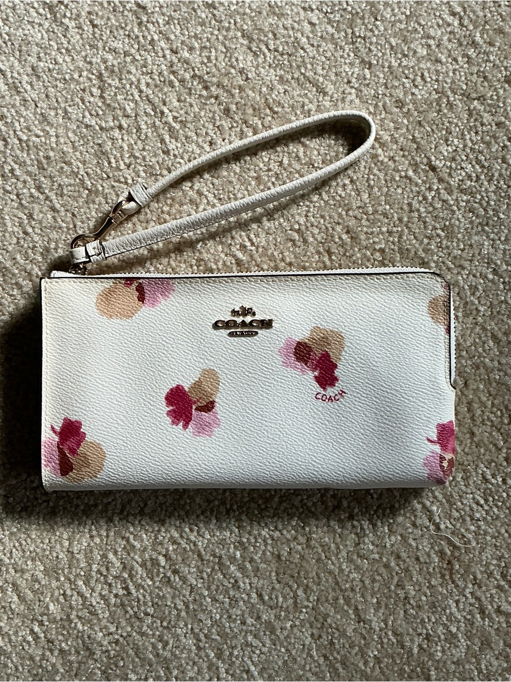 Coach White Floral Zip Wristlet with Pink & Tan Accents NWT